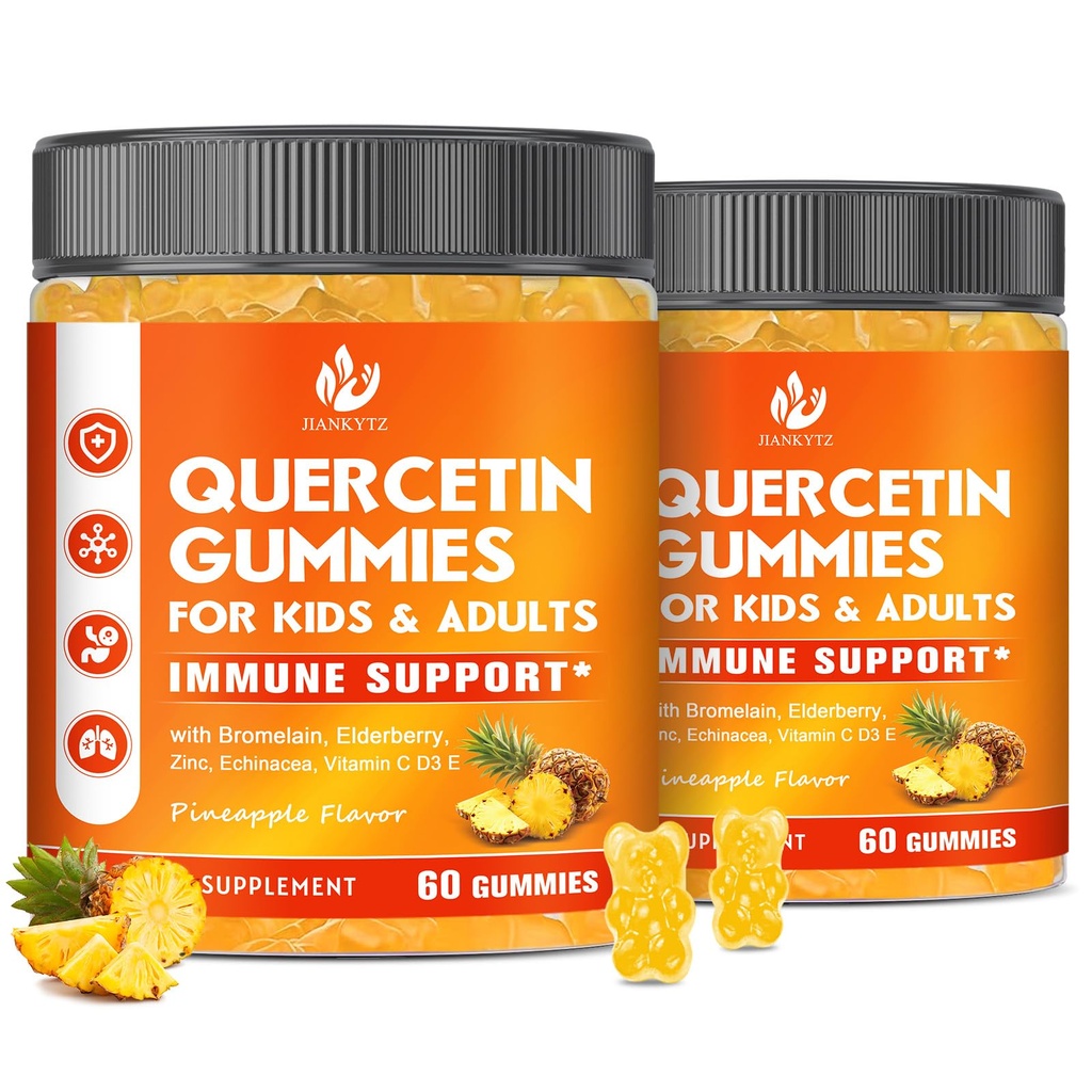 (2 balenia) Quercetin bez cukru s hypromelínom Gummy pre deti a dospelých - imunitné, antioxidant, sezónna podpora, 1000 mg Quercetin Doplnky s hypromelínom, zinkom, bazami, vitamínom C D3 E, 120 g