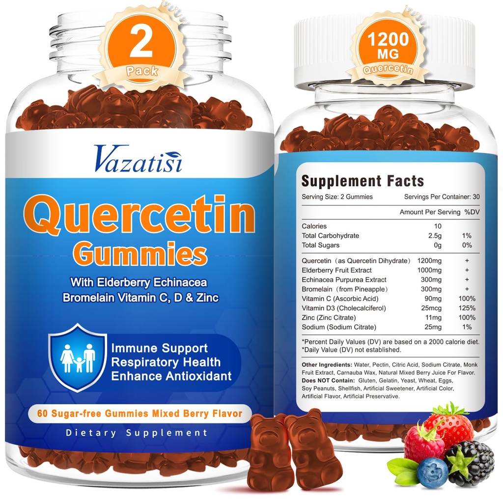 2 balenia Quercetin s hypromelínom Gummies, Quercetin s vitamínom C zinok a bazy pre imunitný systém a alergie, žuvacie a vegánske guličky, zmiešané Berry chuť 120 Cts