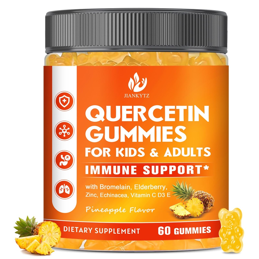 Quercetin bez cukru s hypromelínom Gummy pre deti a dospelých - Immune, Antioxidant, Sezónna podpora, 1000 mg Quercetin Supplements s hypromelínom, zinkom, bazami, vitamínom C D3 E, Vegan, 60 grófov