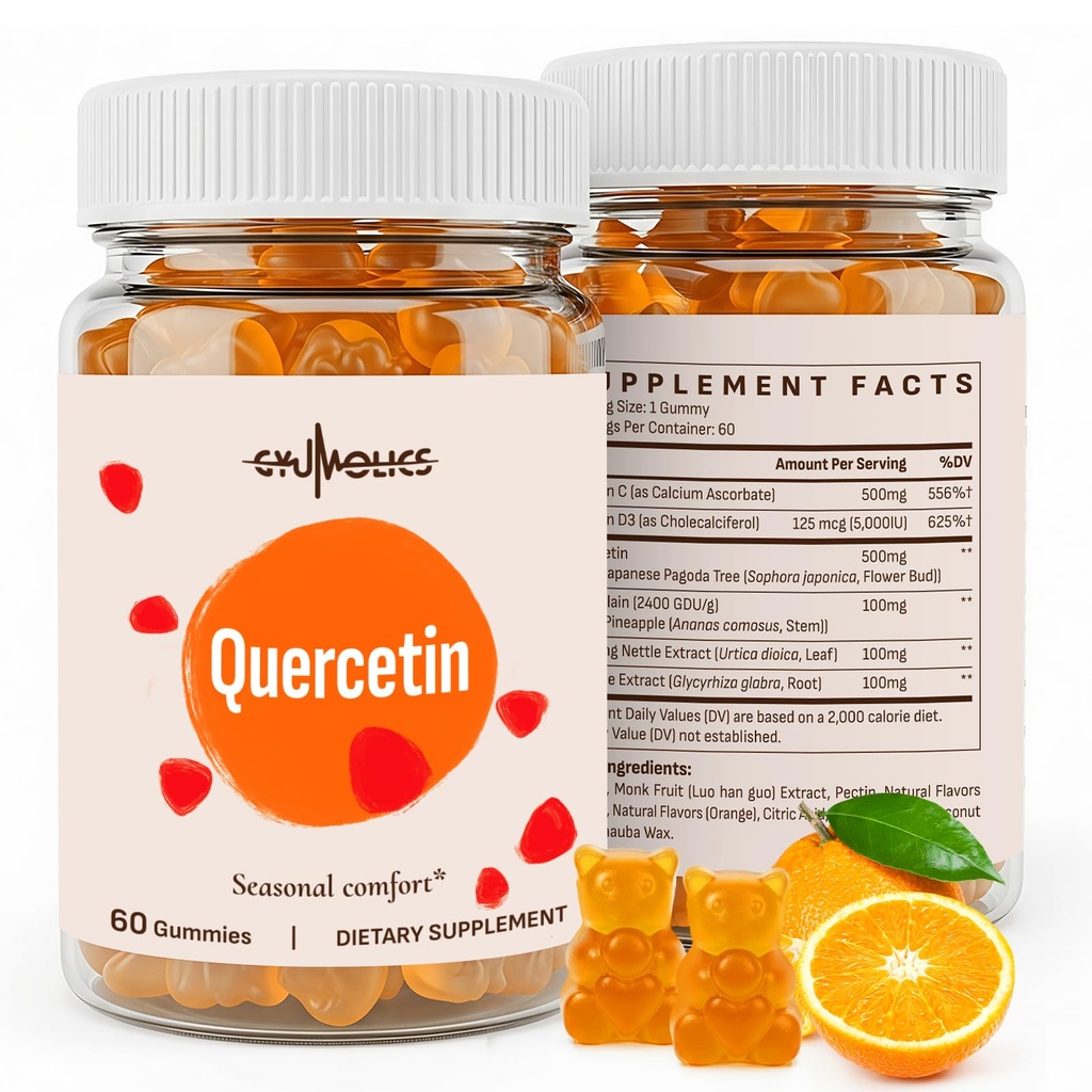 Quercetin 500mg Gummy pre deti s hypromelínom, vitamínom C & D3, stinging nettle a sladké drievko, sezónne vyváženie a body Defense, Vegan, 120 Gummies