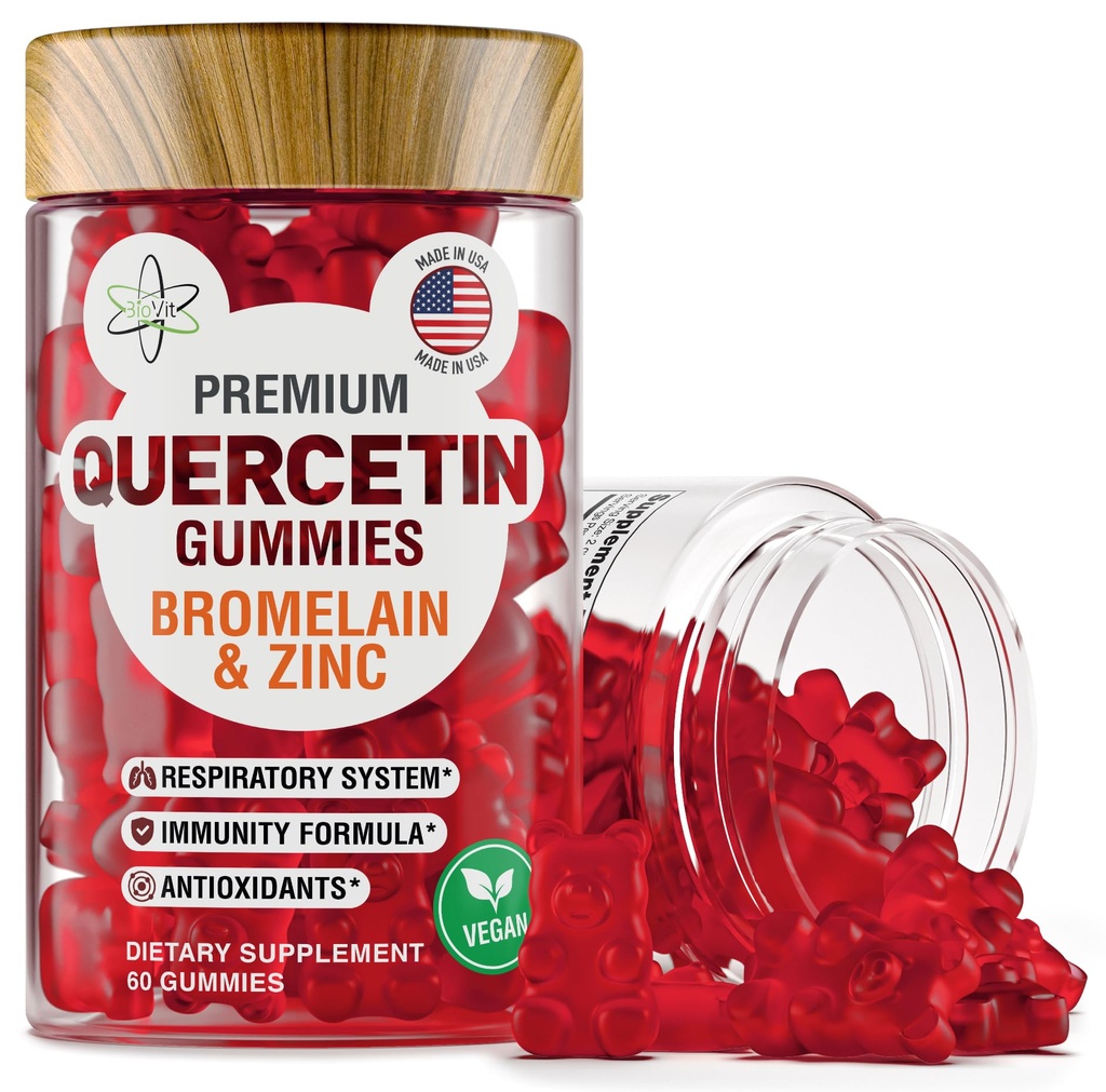 BioVit Quercetin Gummies 500MG - Aktivovaný Quercetin pre deti a dospelých Imunitný systém a alergia - Žuvateľný s hypromínom, zinkom, vitamínom C, vitamínom D3 - vyrobený v USA - 60 Vegan Gummy Bears
