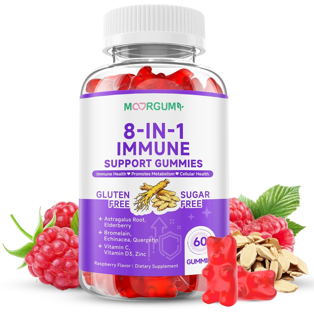 Imunitná podpora Gummies 8-in-1 Vzorové bylinné doplnky s Astragalus, bazy, Quercetin, Hypromelain, Echinacea, Vitamín C, D3 a zinok pre každý deň Balance, Malinová príchuť, 60 Počet