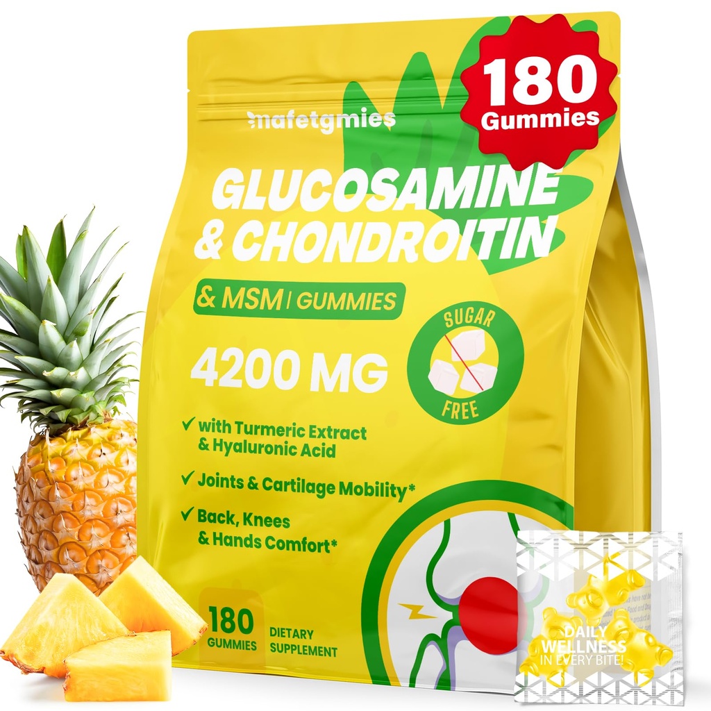 Glukozamín Chondroitín Gummies, 4200 mg Extra sila Joint Supplements Glukozamín Chondroitín s MSM a bazami pre spoločné zdravie, Flexibilita, Imunitná podpora pre dospelých, Muži a ženy, 180 Počet