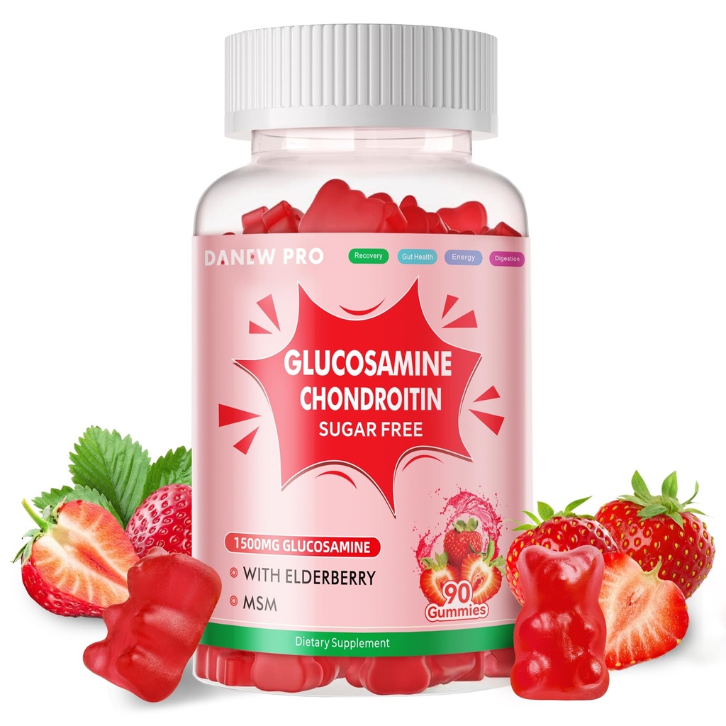 DANEW Pro Glukozamín Chondroitín Gummy s extra silou MSM a bazy - Spoločná podpora, Antioxidant Immune Suplement pre dospelých, mužov a ženy.90 Jahodové Gummy