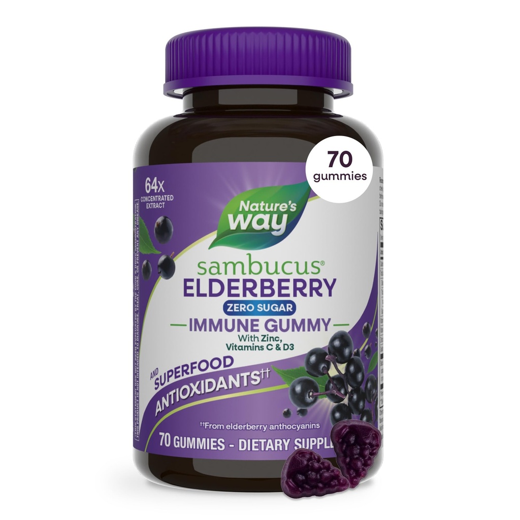 Nature's Way Sambucus Zero Sugar Immune Gummies, Daily Immune Support*, Black Elderberry Extract, Vitamín C, Vitamín D3, Zinok, Bez cukru, Bez cukru Alkohol, Rastlinné sladidla, 70 Gumies