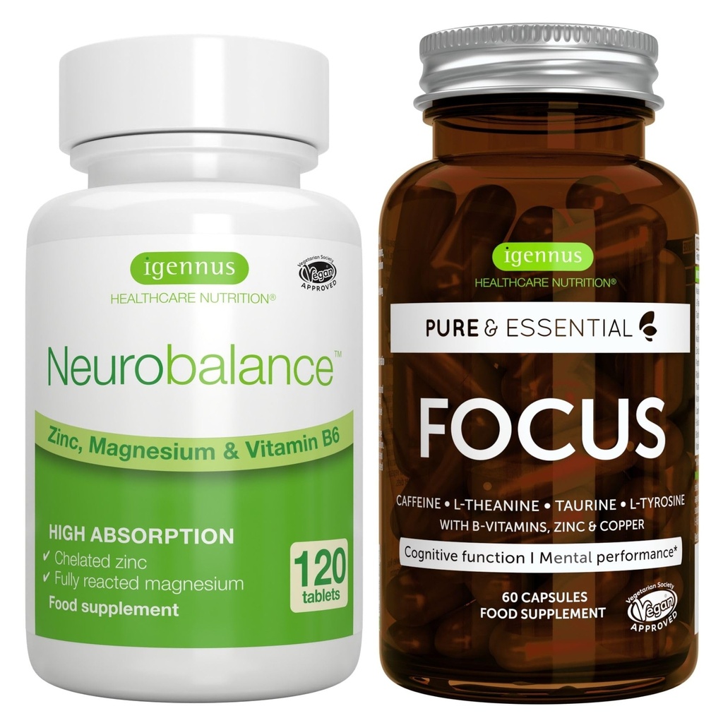 Neurobalance + Focus Brain Booster Vegan Bundle, vysoká absorpcia zinku Magnézium & B6 + kofeín, aminokyseliny a metylované B-vitamíny podľa Igennus