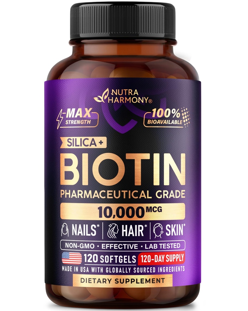 Biotín 10000mcg s kremíkom - Farmaceutický stupeň Biotín Supplement pre ženy - Podpora rastu vlasov, koža a nechty - Max Strength & 100% Biodostupnosť - Made in USA - 120 Softgels, 120 Days Supply