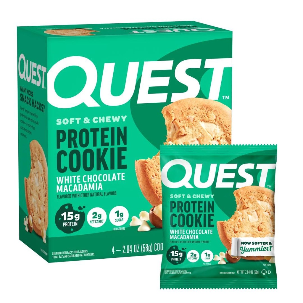 Quest Nutrition White Chocolate Macadamia Protein Cookie, 15g Protein, 1g Cukor, 2g Net Carbs, Keto Friendly, High Protein, Low Carb; 4 gróf