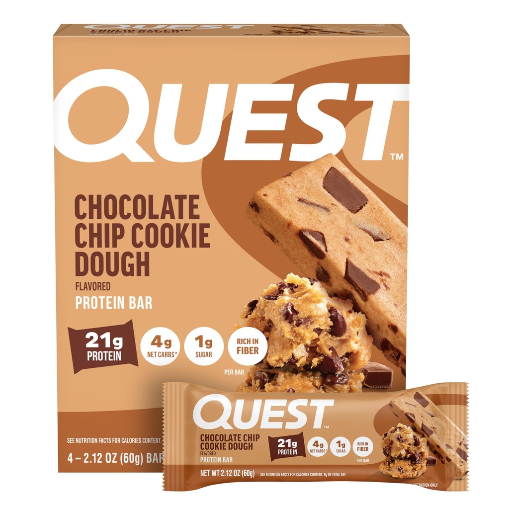 Quest Nutrition Chocolate Chip Cookie Dough Protein Bars, 21g Protein, 4, Net Carbs, 1g Sugar, High Fiber, Gluten Free, Keto Friendly, 4 gróf