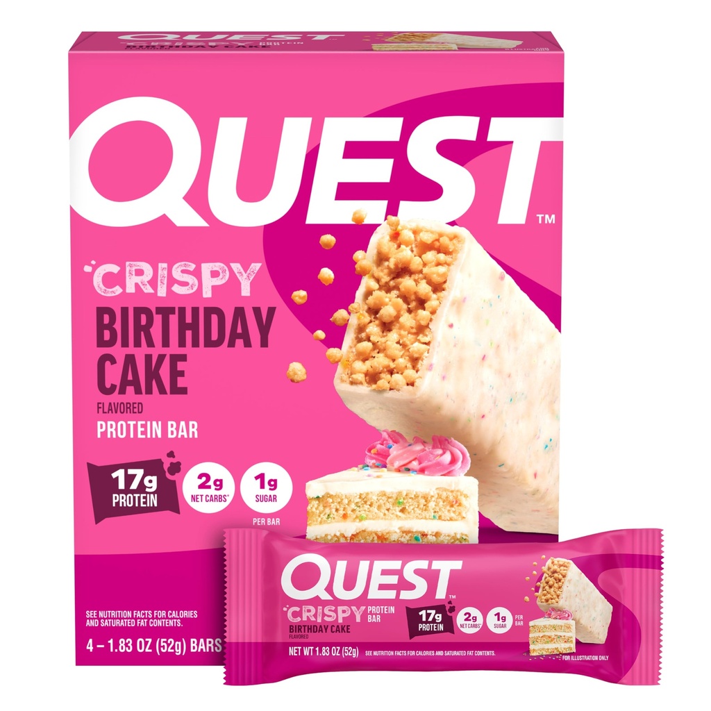 Quest Nutrition Crispy Birthday Cake Protein Bar, 17g Protein Bar, 1g Cukor, 2g Net Carbs, Gluten Free Protein Snack, Keto Friendly, 4 gróf