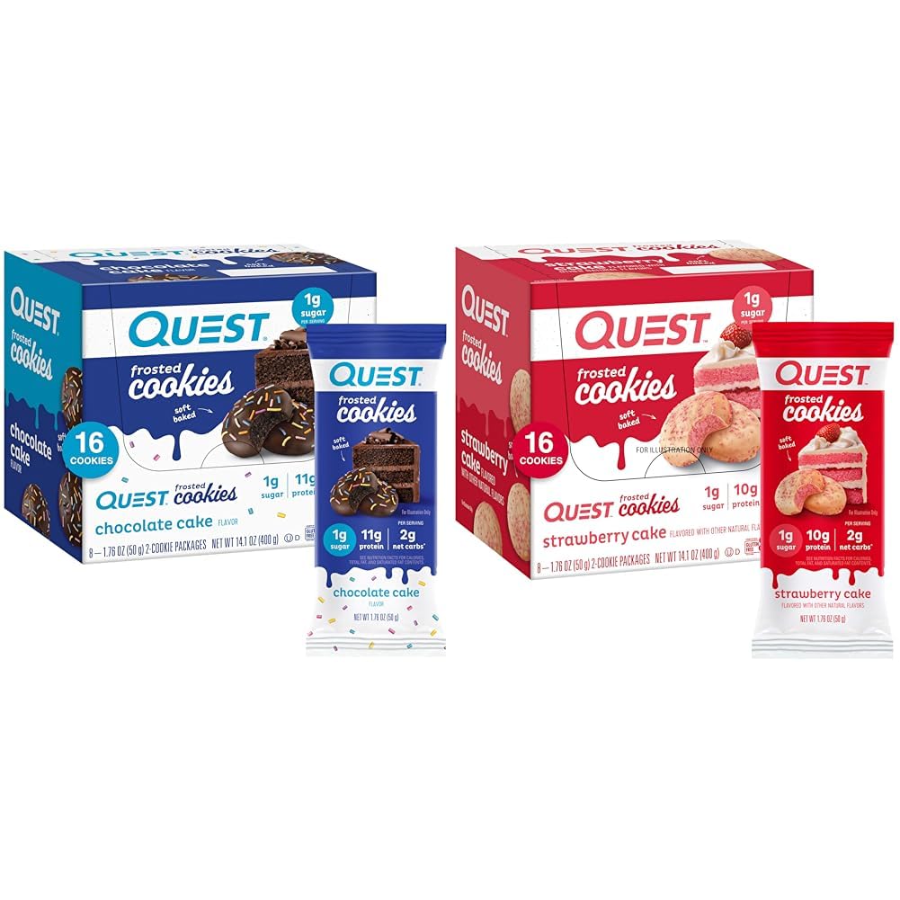 Quest Nutrition Frosted Cookies Twin Pack Bundle, Čokoládový koláč 1g Cukor 11g Proteín 2g Net Carbs a jahodový koláč 1g Cukor 10g Proteín 2g Net Carbs, bez lepku, 16 Cookies Každý