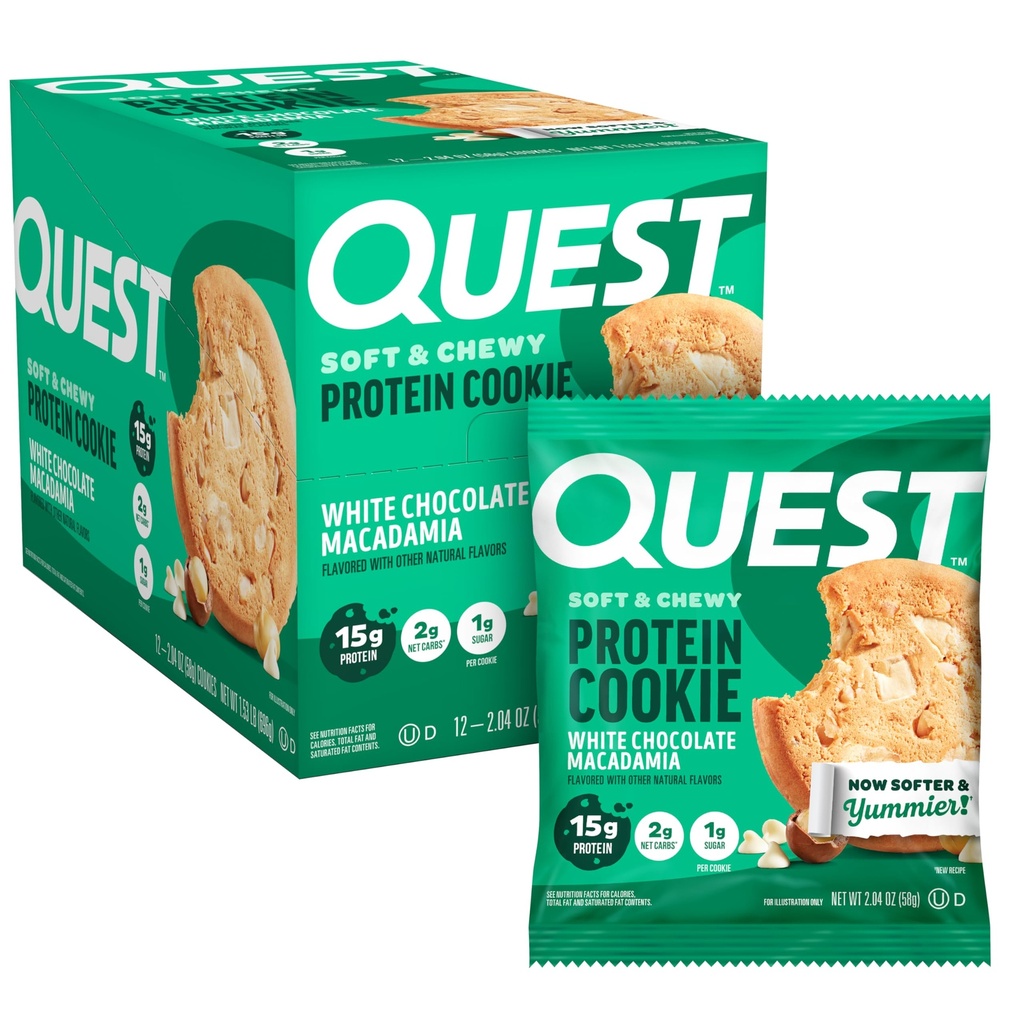 Quest Nutrition White Chocolate Macadamia Protein Cookie, 15g Protein, 1g Cukor, 2g Net Carbs, Keto Friendly, High Protein, Low Carb; 12