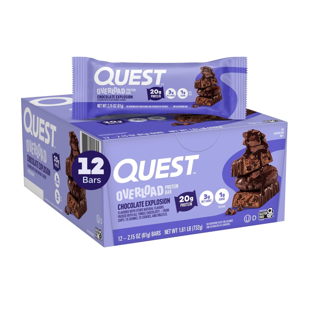 Quest Nutrition Overload Protein Bars, Chocolate Explosion, 20g Protein, 1g Cukor, 3g Net Carbs, Gluten Free, 12 Počet
