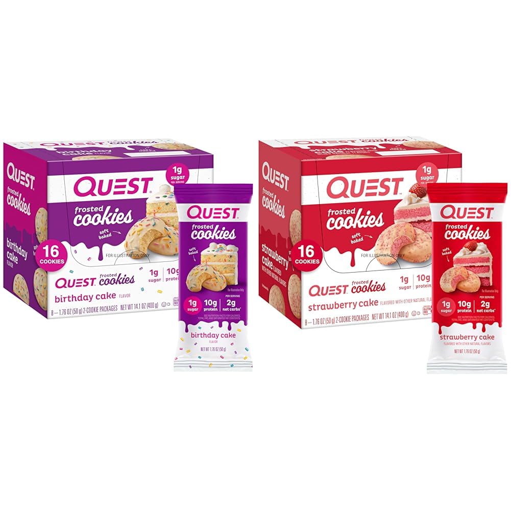 Quest Frosted Cookies Dvojbalenie s narodeninovým koláčom 1g Cukor 10g Proteín 2g Net Carbs Gluten Free 8 Počet a jahodový koláč 1g Cukor 10g Proteín 2g Net Carbs Gluten Free 16 Cookies