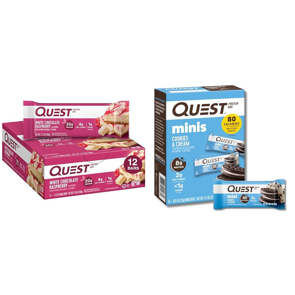 Quest Protein Bars Bundle - Biela čokoláda Malina 12 Počet a Cookies 'N Cream Mini 14 Počet