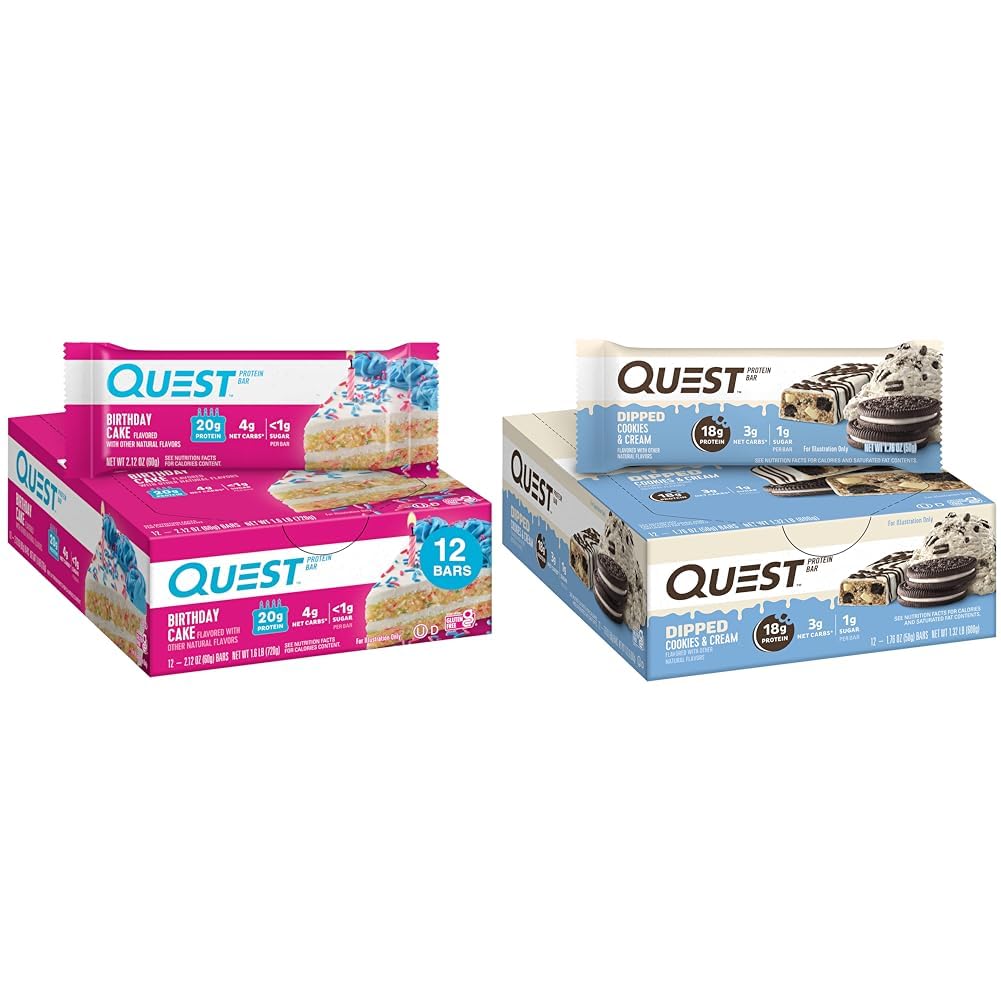 Quest Birthday Cake & Cookies & Cream Dipped Protein Bars, High Protein, Gluten Free, Keto Friendly, 12 Gróf