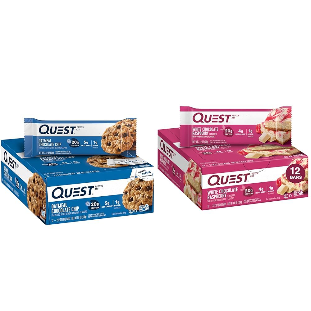 Quest Nutrition Ovsená kaša čokoláda Chip Protein Bar, High Protein, Low Carb, Gluten Free & White Chocolate Malinová Protein Bars, High Protein, Low Carb, Gluten Free