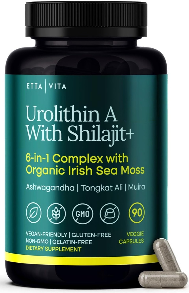 Urolithin-A Complex w Shilajit, Organic Sea Moss, Ashwagandha & Tongkat Ali, Natural Energy, Libido, Hormone Balance, a zameranie na mužov a ženy (Made in USA - 3. strana tested)