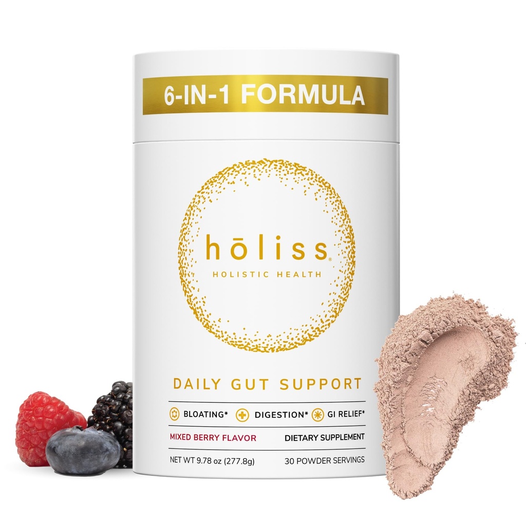 Daily Gut Health Powder 6-in-1 All Natural Supplement, Slippery Elm, L Glutamín, Citrón Balm with PepZinGI - Bloat & Gas Relief, GI Lining Repair, IBS Support - Mixed Berry, 30 Servings