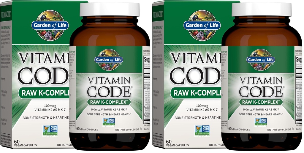 Záhrada života Vitamín K2 a K1, komplex vitamínového kódu Vegan K pre silu kostí a zdravie srdca, Omega bohatý ľanový olej, stopové minerály, probiotiká, 60-dňová zásoba, (Stock of 2)