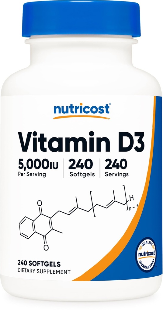 Nutricost Vitamín D3 5 000 IU (125mcg), 240 Softgels - non-GMO a bezlepkový vitamín D