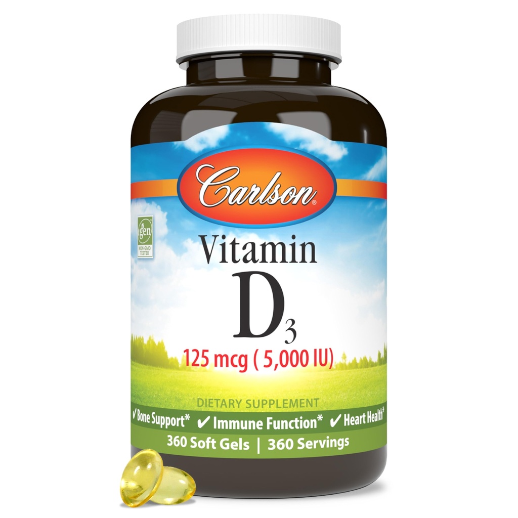 Carlson - vitamín D3 5000 IU (125 μg), zdravie kostí, zdravie svalov, cholekalciferol, doplnky vitamínu D, mäkké gély vitamínu D3, 360 softgelov