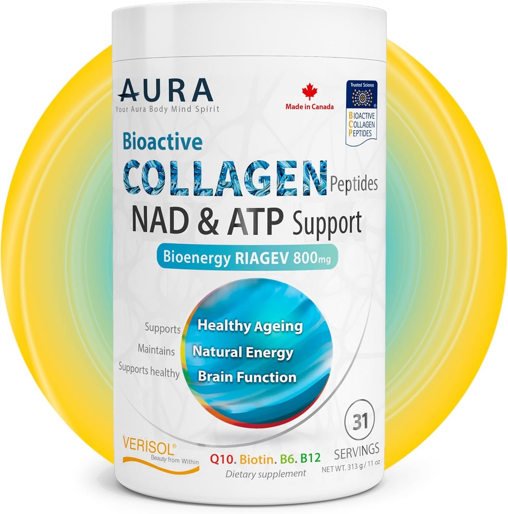 AURA VERISOL® Bioactive Collagen Peptides® Powder with Patented NAD+ & ATP Boosters, Advanced Cellular Rejuvenation System, Healthy Aging & DNA Repair, Unflavred, Made in Canada, 31 Servings.