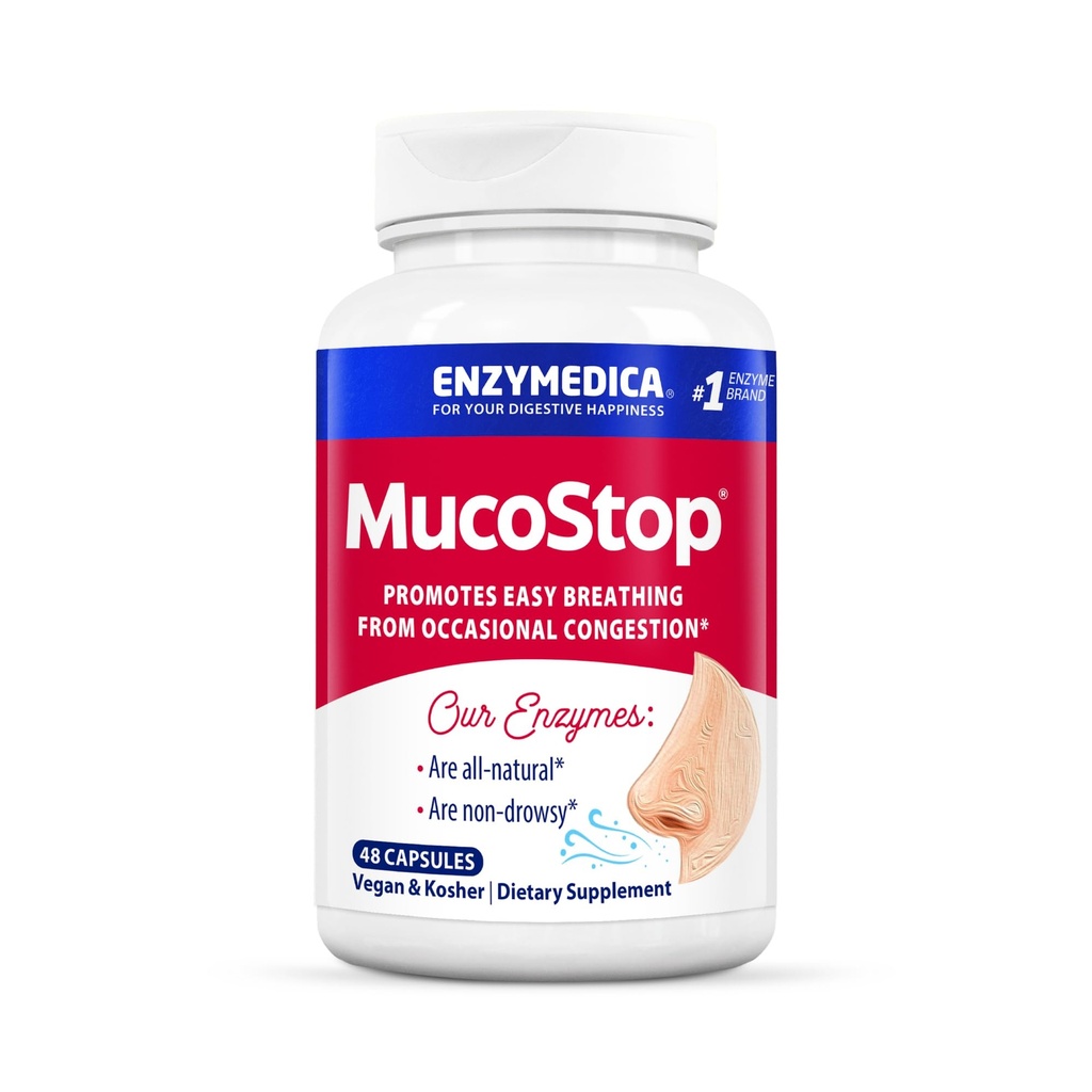 Enzymedica, MucoStop, Natural Enzyme Supplement, Relives Seasonal alebo príležitostné kongescie, podporuje ľahké dýchanie, 48 Počet