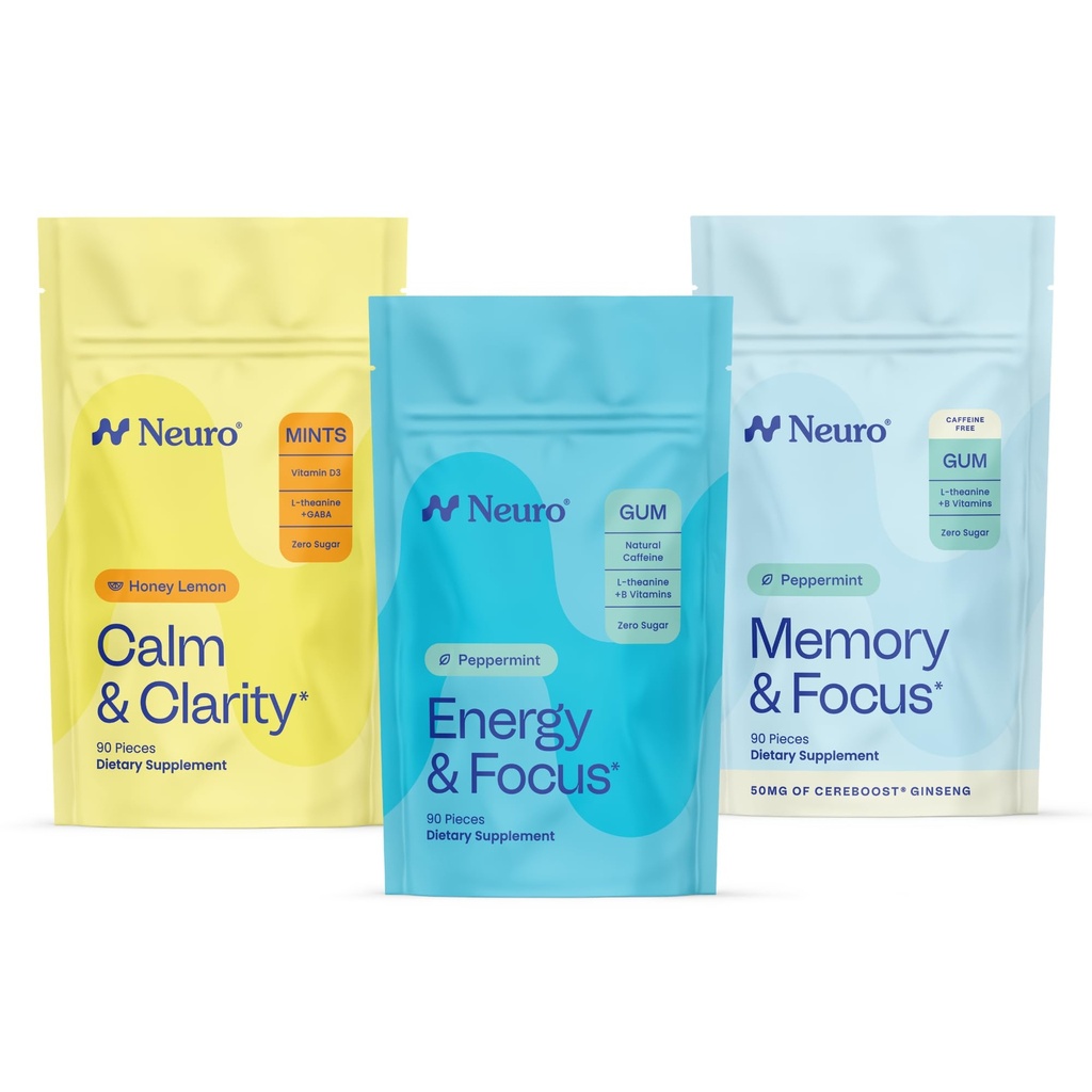 Neurokognitívny balance Bundle - pamäť a zameranie Nootropic Gum (Peppermint, 90 gróf), spánok a dobitie Melatonin Mints (Berry, 72 gróf), Pokoj a jasnosť Stres Support Mints (Honey Lemon, 90 gróf)