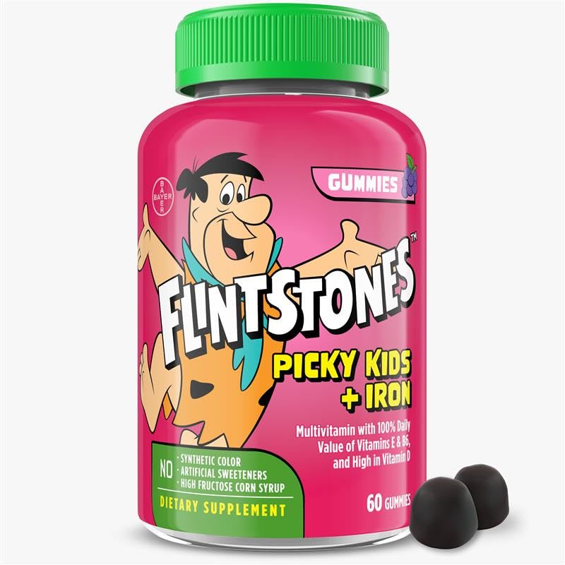Flintstones Vitamíny pre Picky Kids + Železo, Deti Multivitamínové Gummy s vitamínom C, D, E, B6 a železo, Gumové vitamíny, Hroznové Ochutené, 60 Gummies