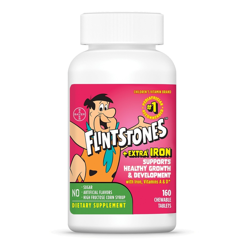 Flintstones Vitamíny Žuvacie deti Multivitamín s + Extra Železo pre batoľať a dieťa s vitamínom C, D, vitamín B12, 160 Počet (Backaging Will Vary)