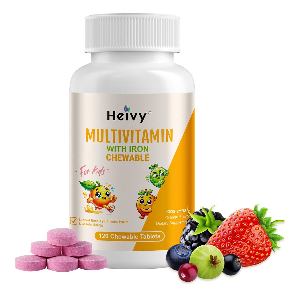 Heivy NOVÉ deti Multivitamínové žuvacie - 120 tabliet pre zdravie kostí, očí a vitamínov - podporuje rast a vývoj s vitamínom D3, C & B- Complex