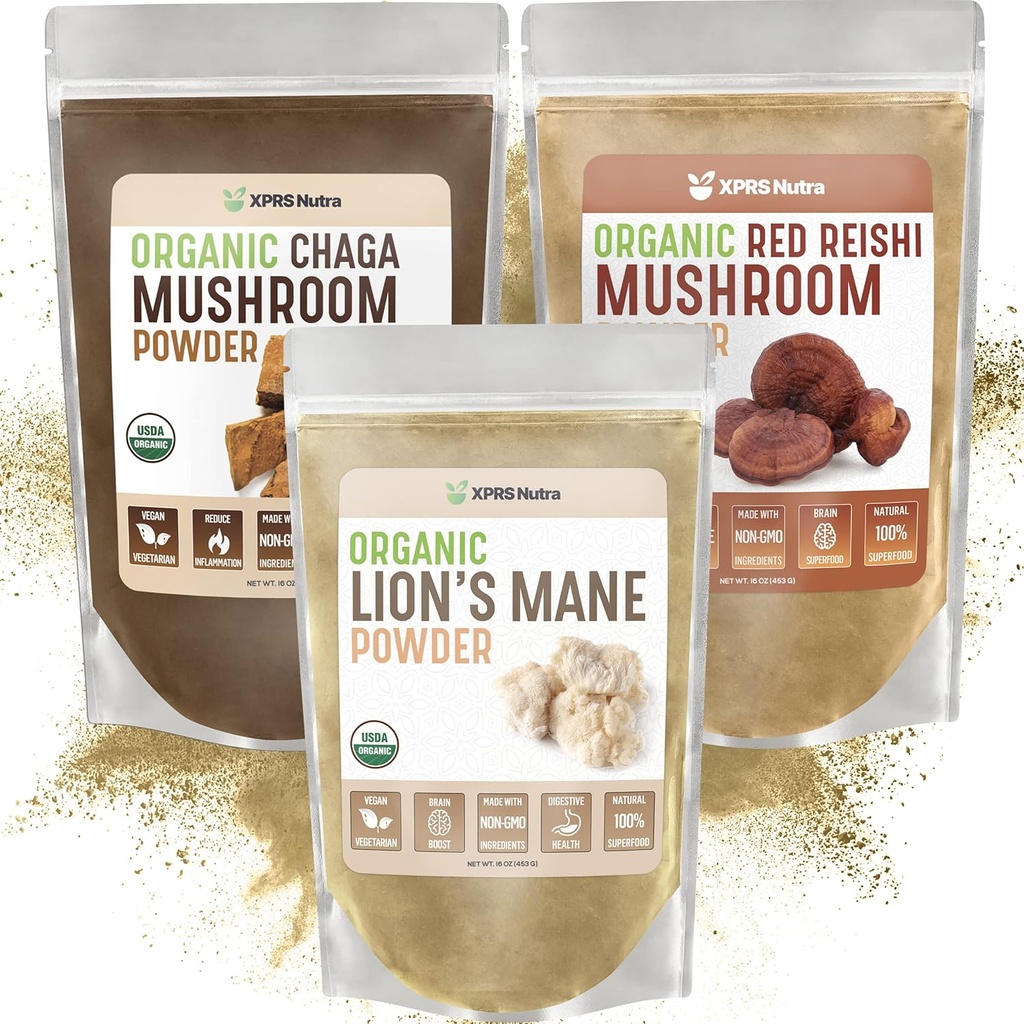 XPRS Nutra Hubová huba - Lion's Mane, Chaga, Red Reishi Huby - Všetky organické Huby Huba (16 Ounces Each)
