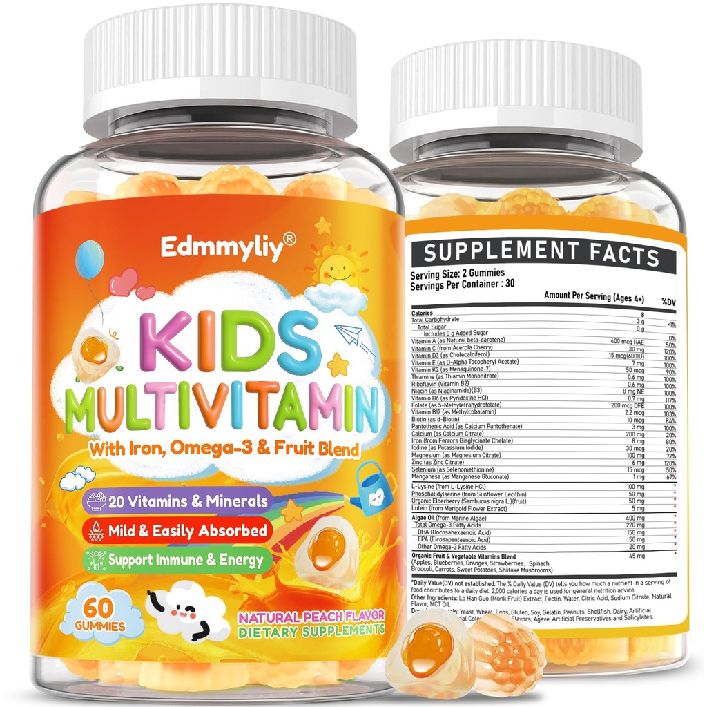 Deti Multivitamínové Gummy - Vitamíny A D3 K2, Metylované B-komplexy s Omega-3, Immune & Development Support - Organic Mixed-Berry Flavor Multivitamíny pre deti denne - Bez cukru a Vegan
