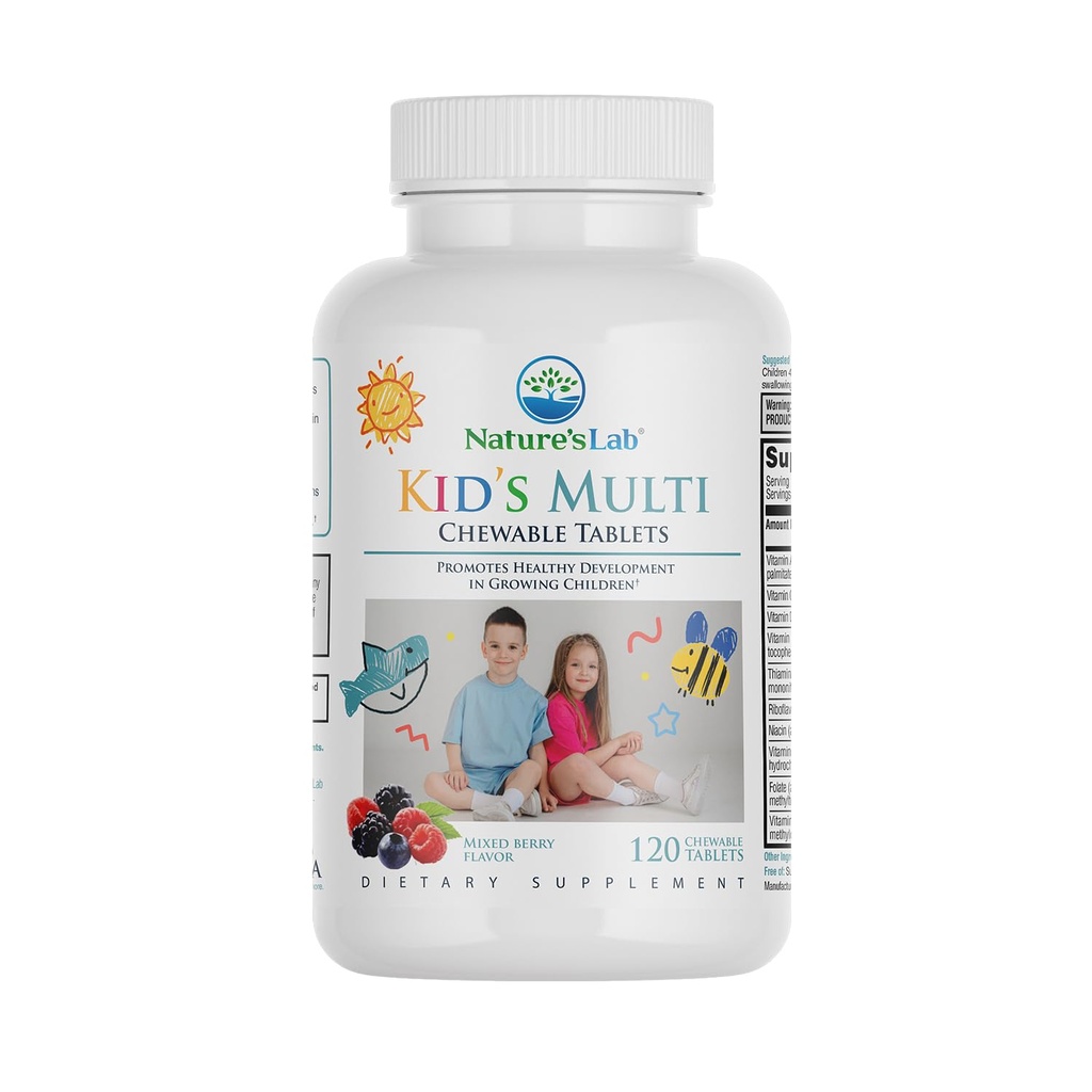 Nature's Lab Kid's Multi Natural Chewable Vitamíny - Kompletné detské multivitamíny so železom, horčíkom, zinkom a vápnikom - zmiešané Berry chuť - 120 tabliet pre vek 2+