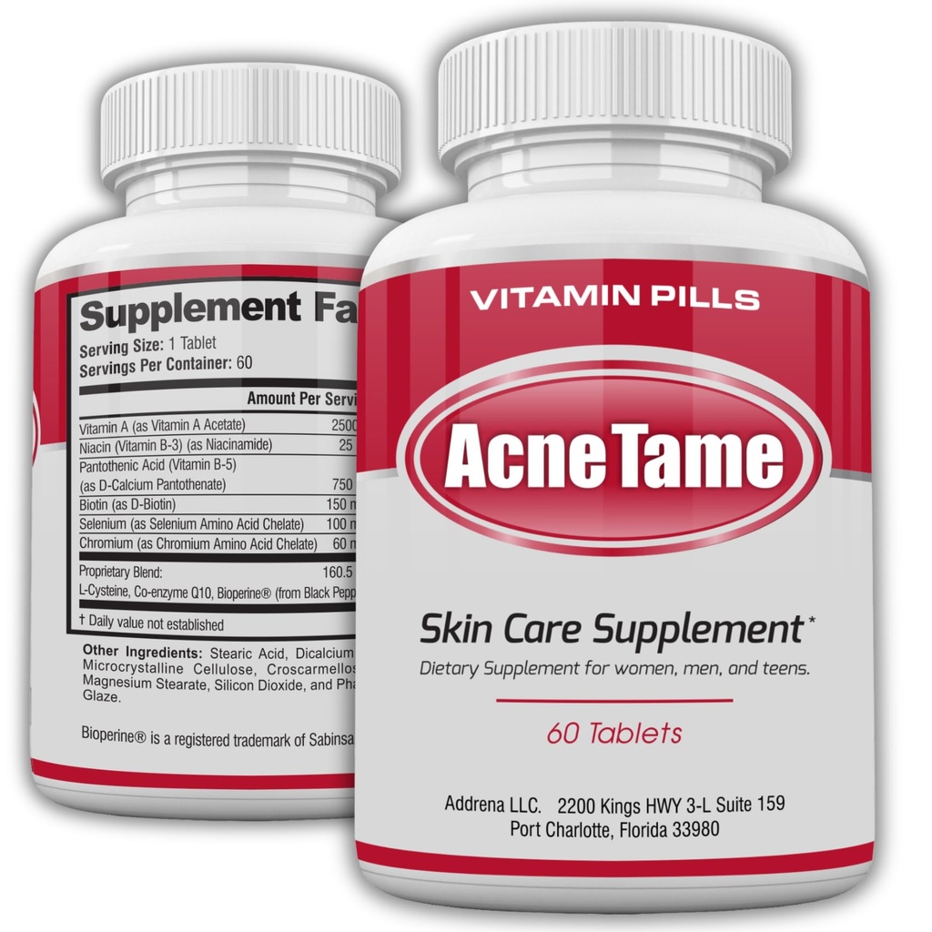 Akné Pills- Akné Tame Supplement- Čisté kožné vitamíny pilulky pre mastné kožné ošetrenie, Hormonálne škvrny, Anti Spots & Cystic Acnes doplnky pre ženy, muži, dospievajúci & dospelí- 60 perorálne tablety