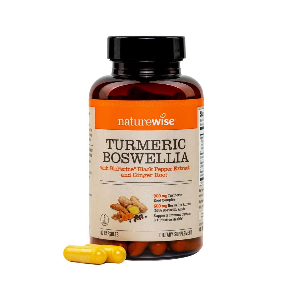 NatureWise Turmerica Boswellia Supplement with BioPine & Organic Ginger Root - Organic Turmerica 900mg + Boswellia Extract 600mg - Non-GMO, Vegan, USA Vyrobené - 60 Kapsule[30-Day Supply]