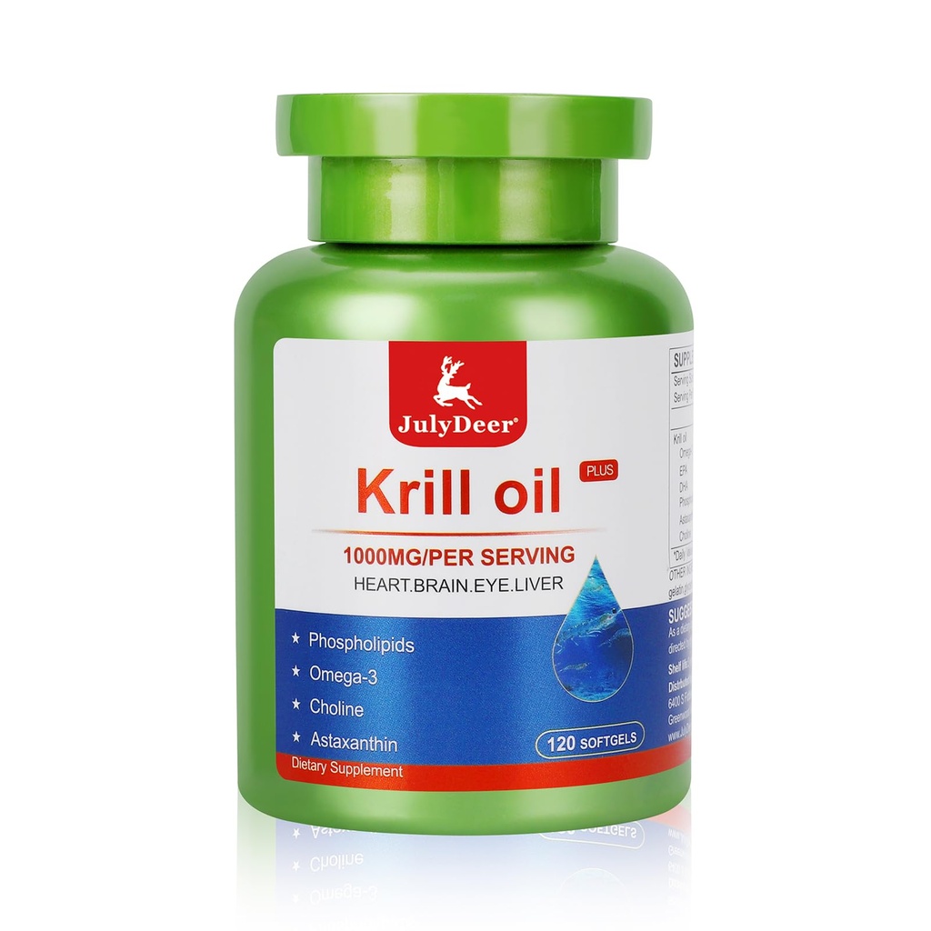 JúlDeer Krill Oil 1000 mg s Omega-3s EPA, DHA, astaxantín a fosfolipidy 120 Softgels Supplement, Antarktída Krill No Fishy Dochuť pre kĺb, srdce, mozog a imunita