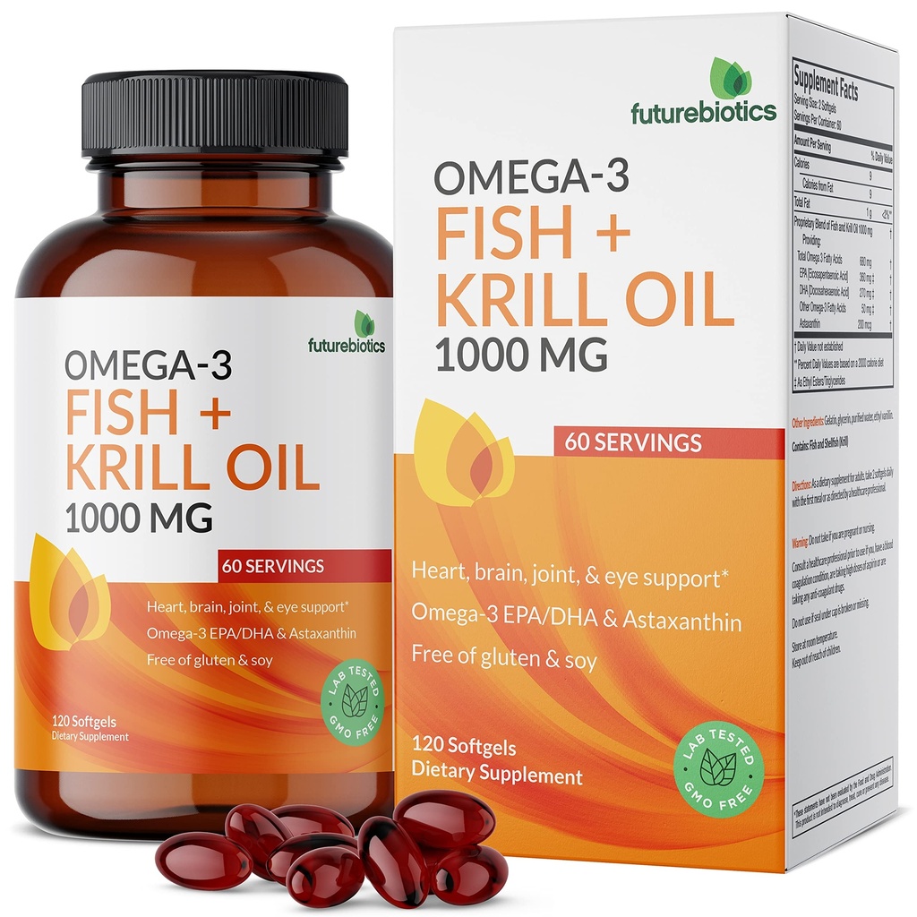 Futurebiotics Omega-3 Fish + Krill Oil 1000 MG Omega-3 EPA/DHA & Astaxantín - non-GMO, 120 Softgels (60 Servings)