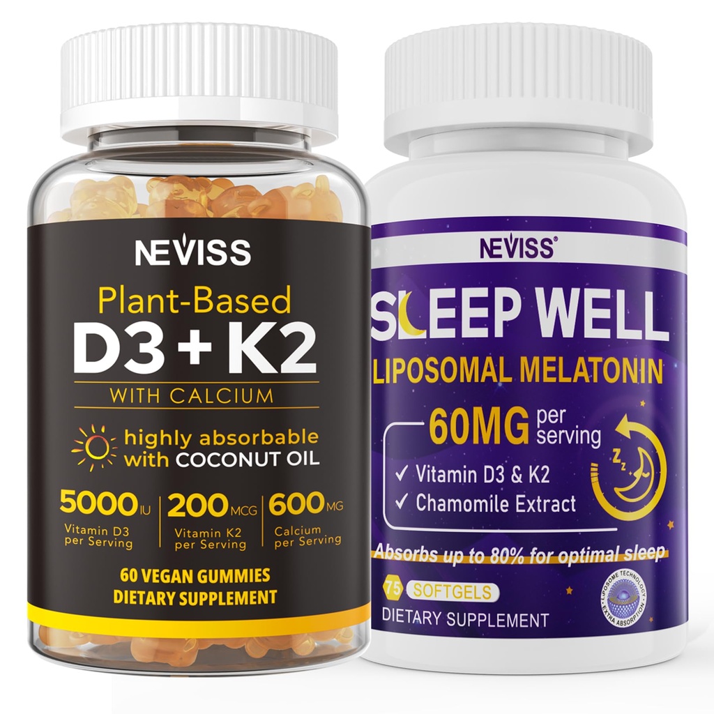 NEVISS Vitamín D3K2 5000IU Gummy + Melatonín 60 mg pre dospelých Bundle