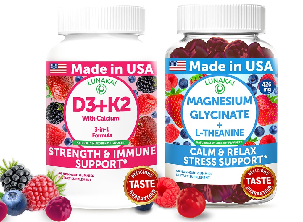 Lunakai USA Made D3+K2 with Calcium & Magnézium Glycinate + L-theanine Gummies Bundle 