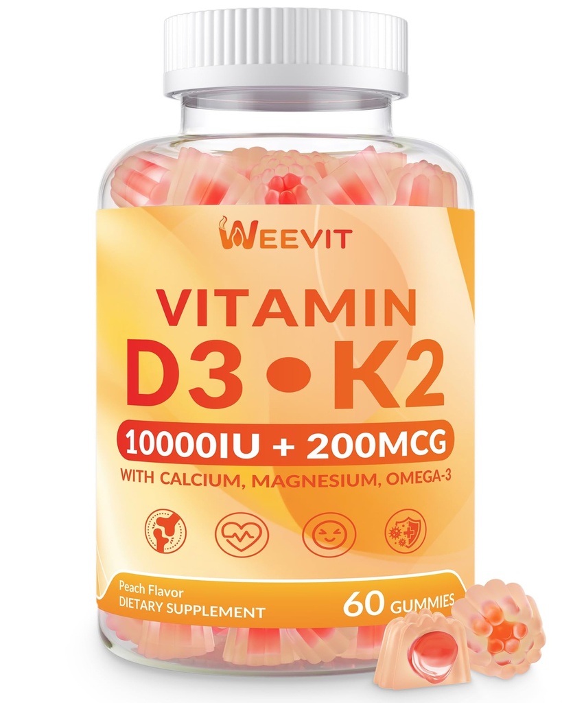WEEVIT Vitamín D3 K2 Gummy, bezcukrový vitamín D3 K2 w/Calcium, horčík, Omega-3, vitamín C,B12, K2 D3 doplnok