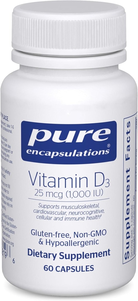 Pure Encapsulations Vitamín D3 25 μg (1 000 IU) - Supplement to Support Bone, Joint, Heart, Colon & Immune Health - with Premium Vitamin D - 60 Kapsule
