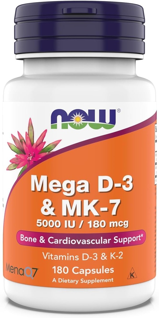 Teraz doplnky, Mega D-3 & MK-7, 5000 IU / 180 μg, Bone & Cardiovaskulárna podpora*, Vitamíny K-3 & K-2, 180 kapsúl
