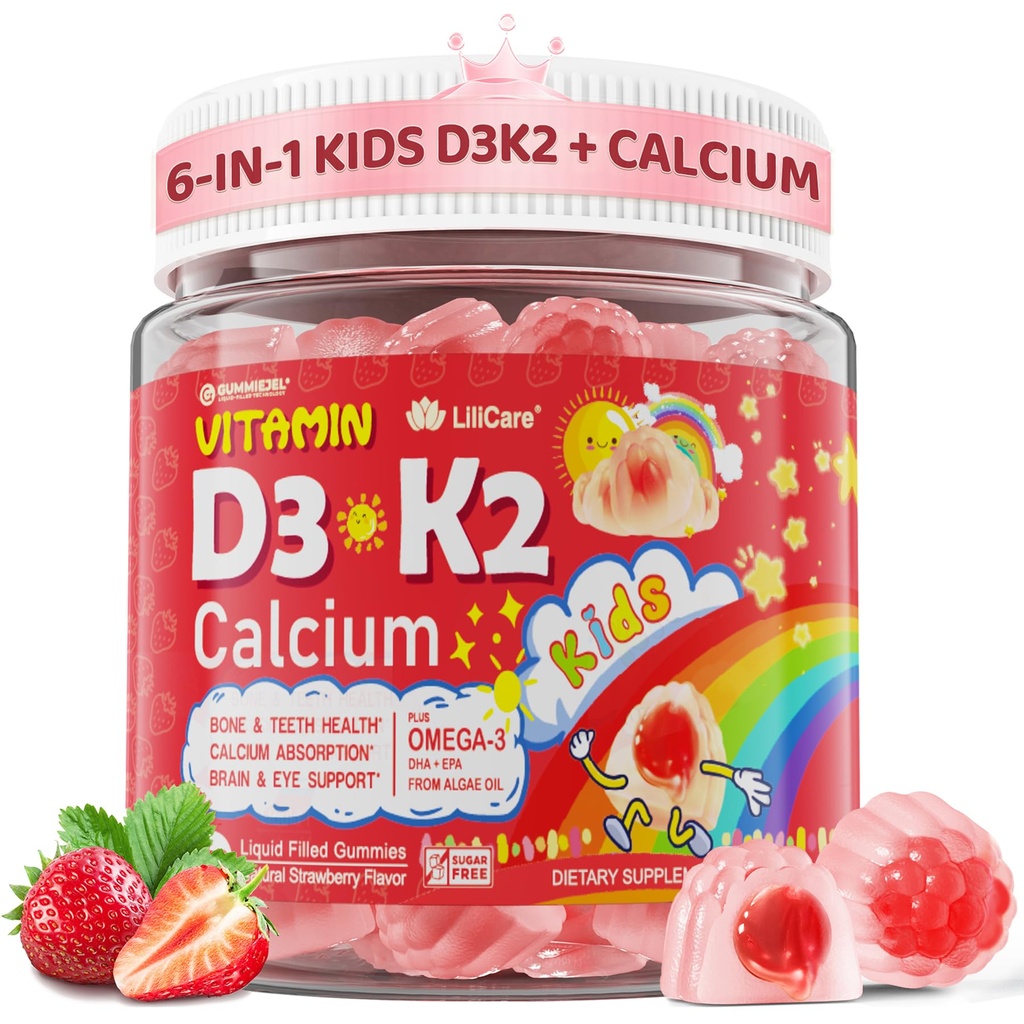 Vitamín D3 K2 + Vápnikom naplnené Gumičky pre deti a dospievajúcich, 1000IU / 2000IU D3 s horčíkom, Algal Omega 3, Deti Vitamíny pre kosti a zuby, Absorpcia vápnika, mozog, imúnny, bez cukru, 60Cts