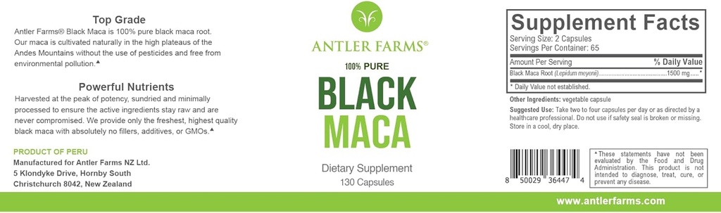 Antler Farmy - 100% Pure Black Maca Root, 130 Kapsule, 1500mg 