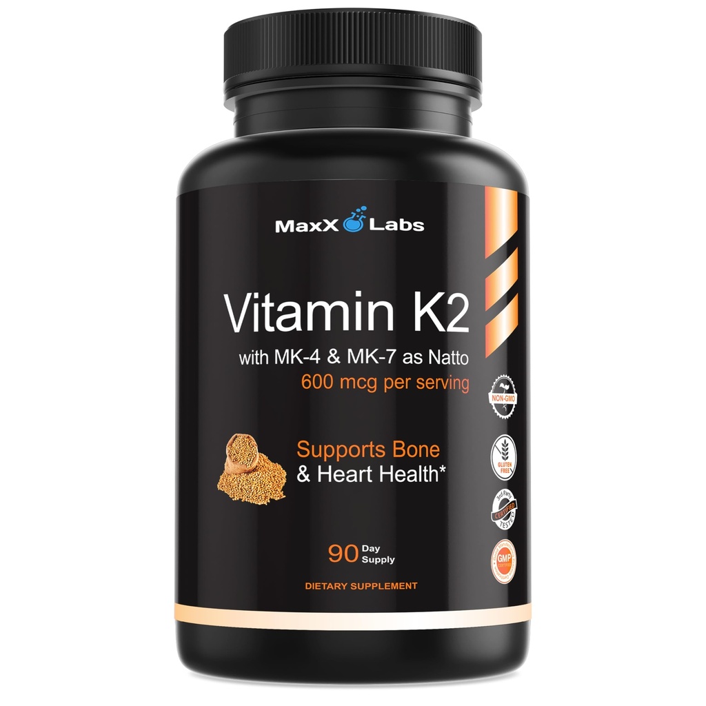 Vitamín K2 doplnok - Full Spectrum Vitamín K2-MK7, MK4 a vitamín D - vysoká sila K2 účinkuje s vitamínom D3 - vitamín K 600mcg - podporuje zdravie kostí - 90 kapsúl