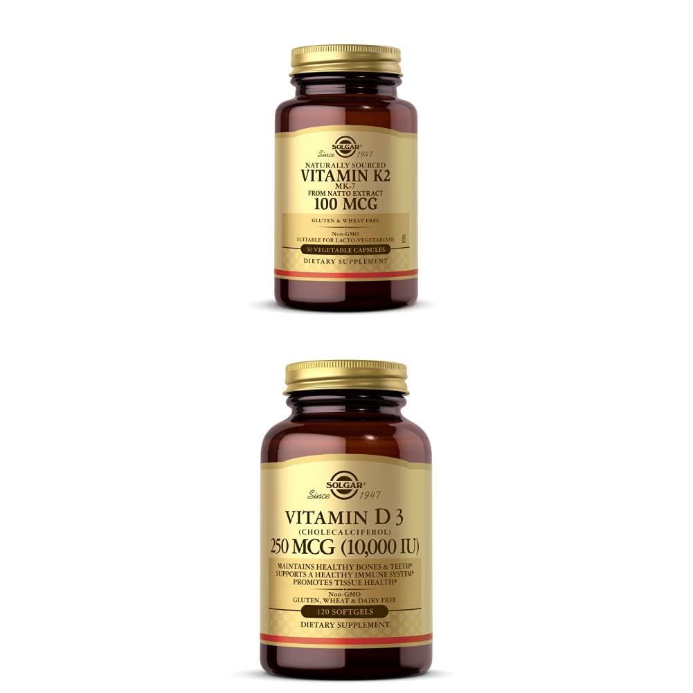 Solgar Vitamín K2 (MK-7) 100mcg, 50 Rastlinné kapsuly - podporuje zdravie kostí Vitamín D3 (cholekalciferol) 250 MCG (10 000 IU), 120 Softgels - Imunitný systém Podpora