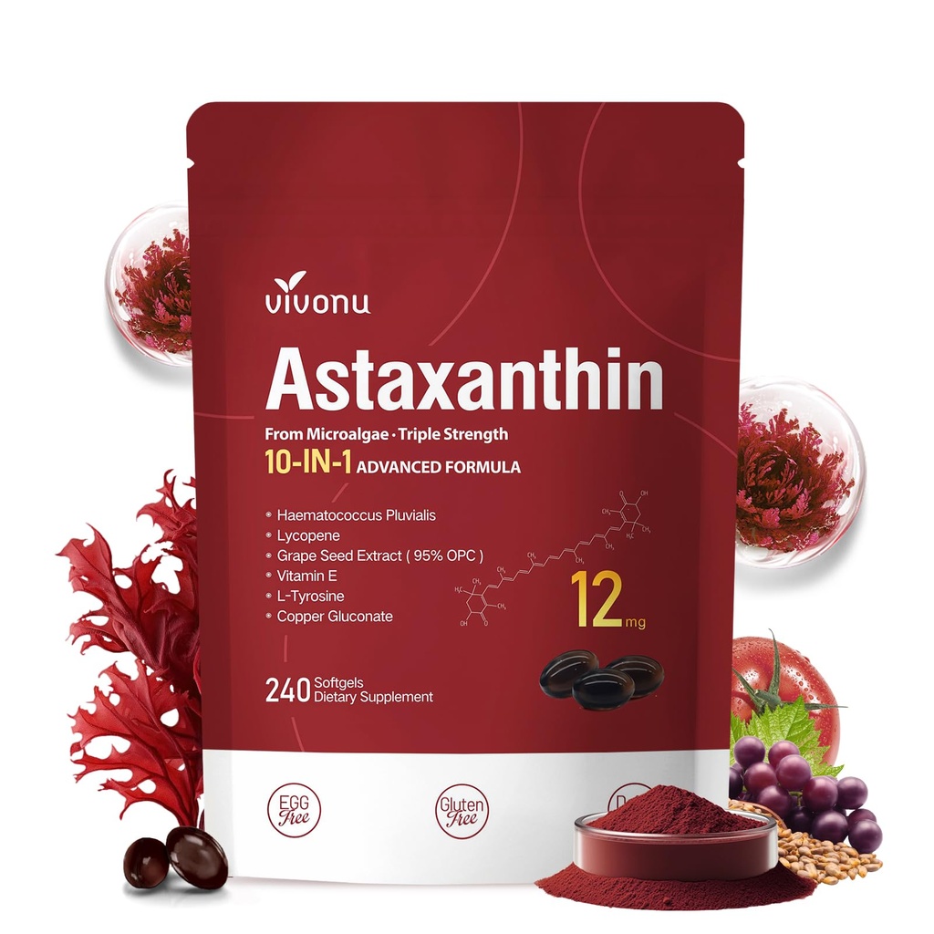 10 in 1 Astaxantín 12mg Doplnky, 4 mesiace Dodávka, Astaxantina Antioxidant z Fresh Hematococcus Pluvialis, Obsahuje Lykopén, Hroznové semeno, Vitamín E, a viac podporuje oči, kĺby, zdravie kože