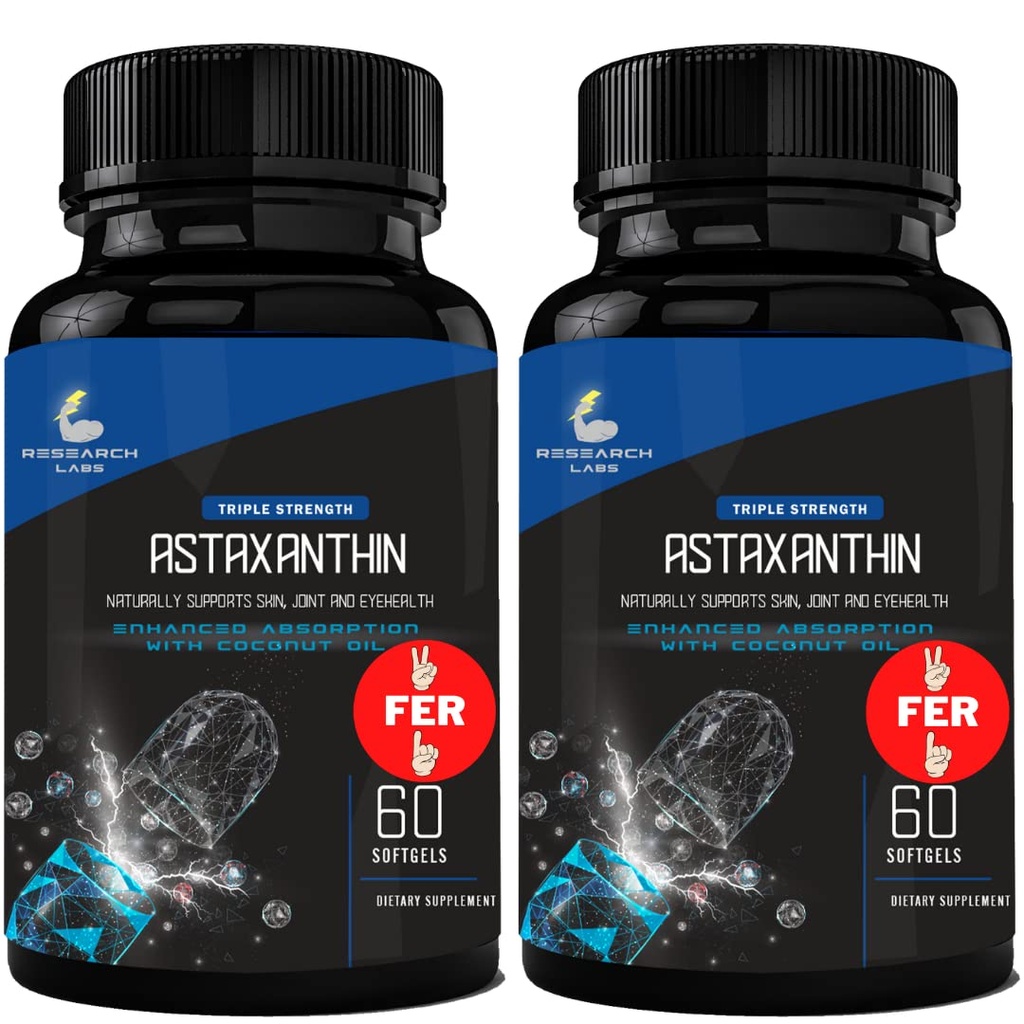 Výskum Labs Triple Sila Natural Astaxantin 12mg Softgels + Extra Bottle Organic Coconut Oil for Enhanced Absorbation Powerful Antioxidant Supports Eye Joint & Heart Health 120 Total Softgels